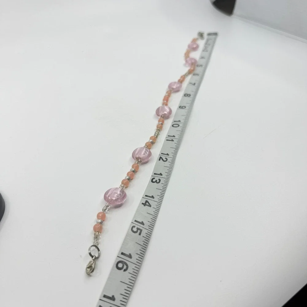 Necklace Pink Foil Glass Bead Peach Coral Silver Tone Boho Artisan Statement